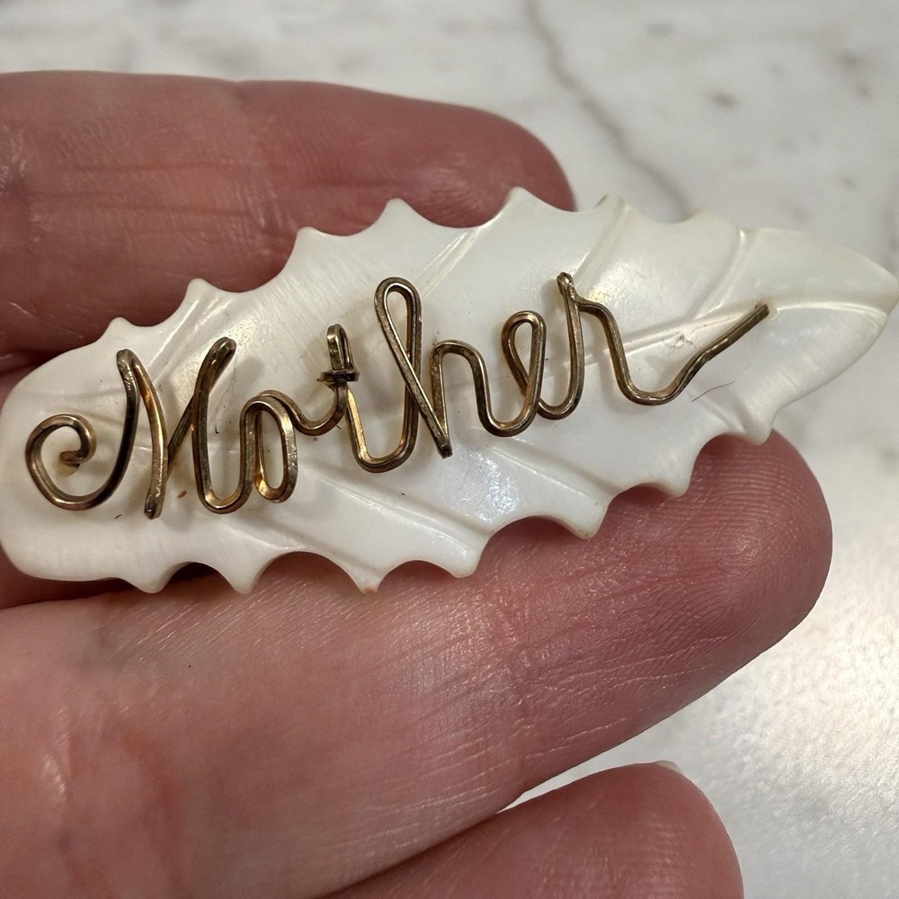 Vintage Gold Filled Wire Wrap Mother of Pearl Shell Carved Leaf Pin Brooch